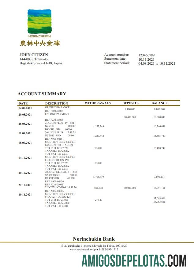 Exemplo de extrato bancário Norinchukin do Japão